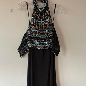 Beaded Halter Evening Dress in Black with Turquoise and Silver Accents